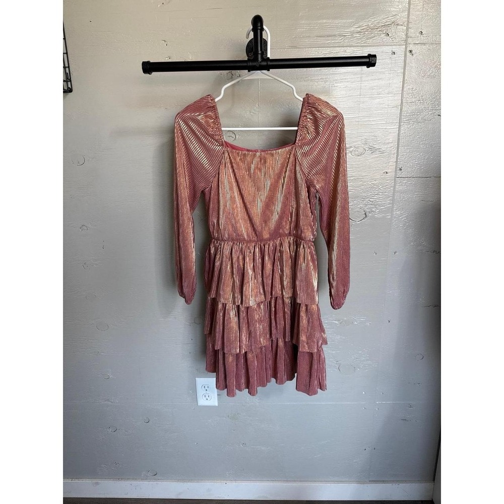 GB Girls Rose Gold Metallic Pleated Tiered Ruffle Dress Square Neck Size 12
